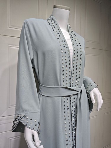 Moda Mujeres Cuentas Dubai Vestido Abierto Musulmán Abaya Kimono Cárdigan Bata Caftán - Imagen 15 de 26