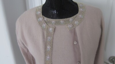 Moschino Taupe Beaded Sheer Angora Wool Twin Cardigan Sweater 2 Piece Set Sz 8