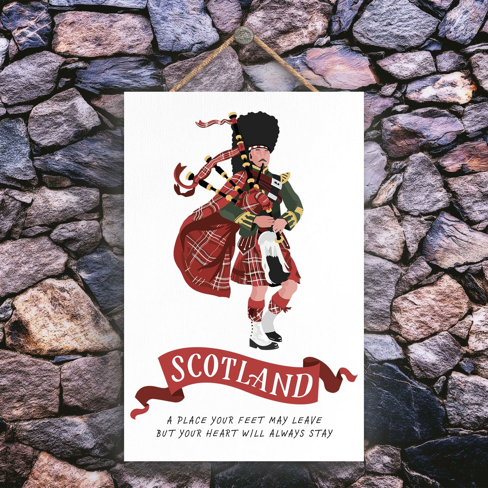 SCOTTISH BAGPIPE PLAYER ON SCOTLAND THEME WOODEN HANGING PLAQUE