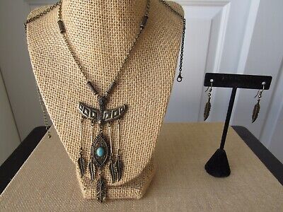 semanal política programa Tribal Brass Long Pendant Necklace w/ Feather + Turquoise Detail w/  Earrings | eBay