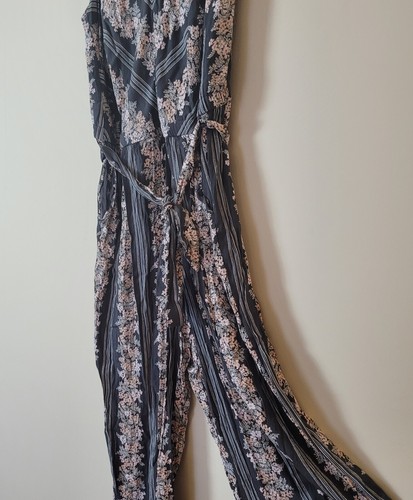 LOFT jumpsuit womens 16 gray Pink Tie Belt romper cottagecore boho Floral 1X 90s - Picture 9 of 16