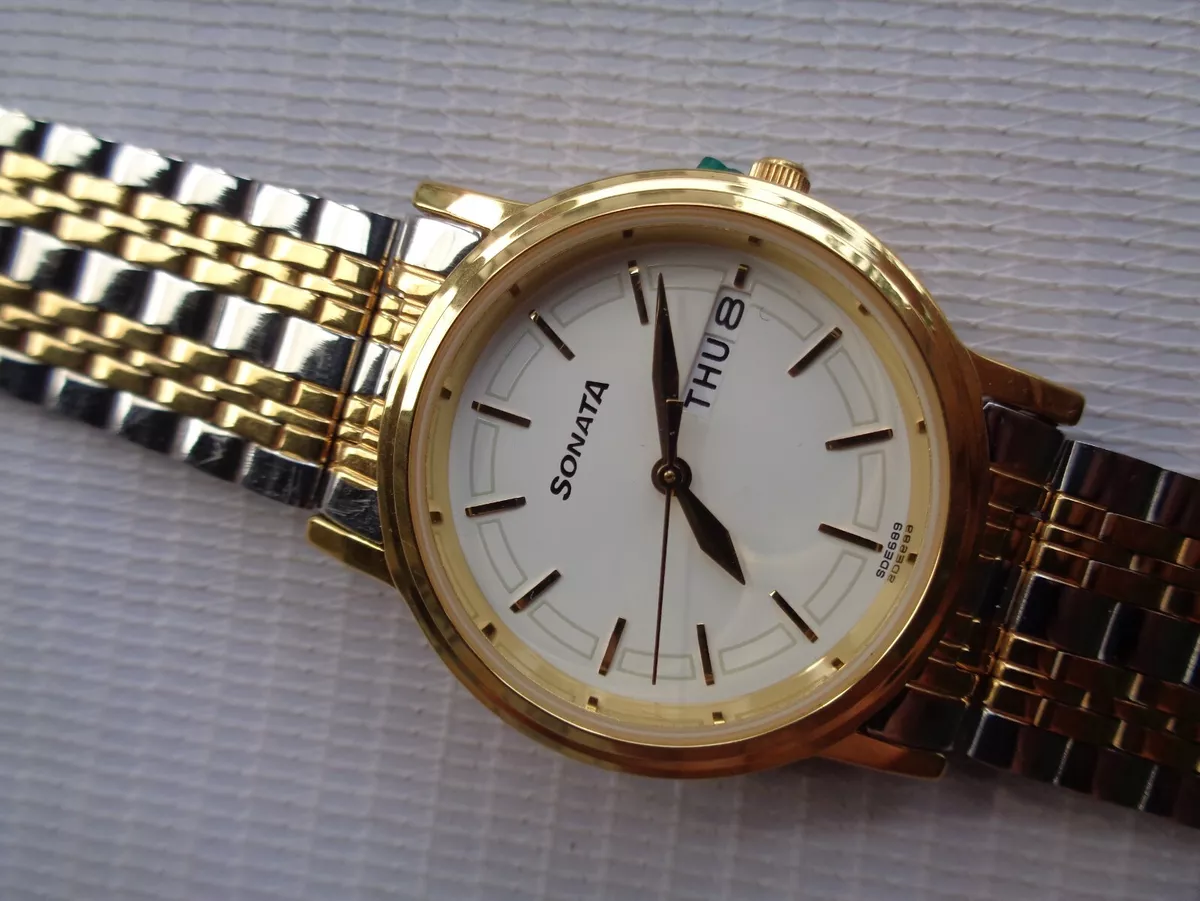 NOS WATCH INDIA SONATA BY TITAN TWO TONE SS GOLD PLATED MEN QUARTZ WRISTWATCH