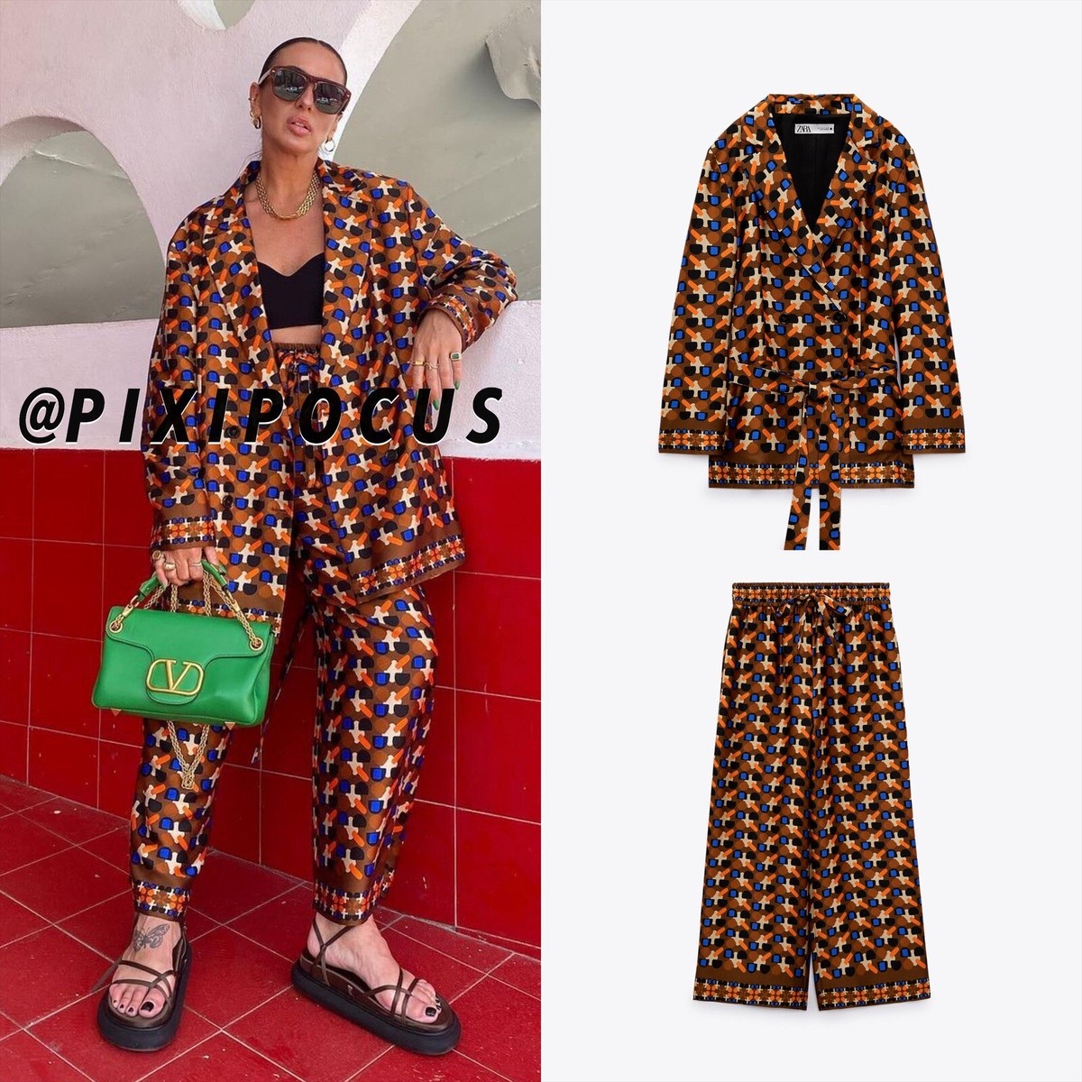 ZARA NEW [ 2 PIECES ] SATIN SUIT CO-ORD [ BLAZER + PANTS ] BELTED