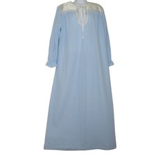 Vintage Vandemere Blue Long Sleeve Nightgown Medium Lace Satin Quilted Yoke USA