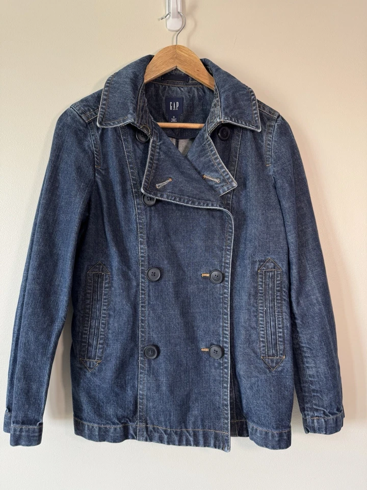 Chaqueta vaquera Gap Vintage Y2K Pea Coat para mujer Blazer azul doble pecho mediano Foto 4 de 4
