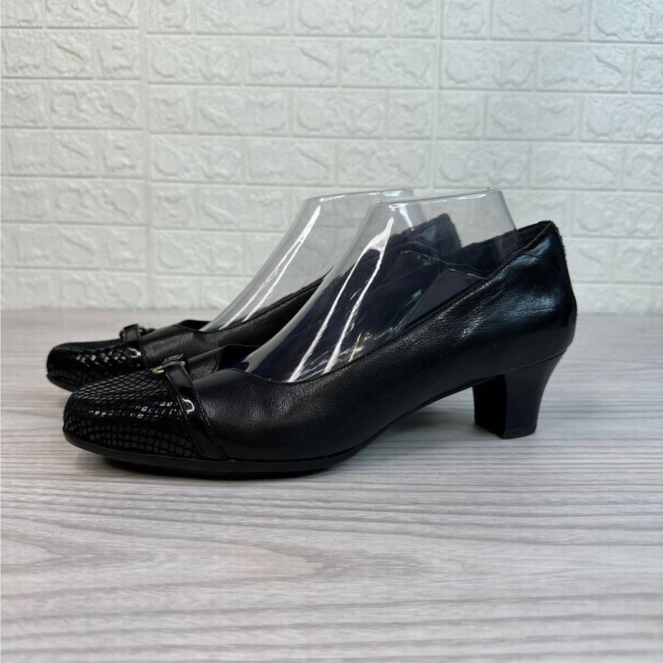 Zapatos Aravon Eleanor WMNS 9.5D Cuero Negro Texturizado Puntera Sin Cordones Tacón Bloque Foto 4 de 4