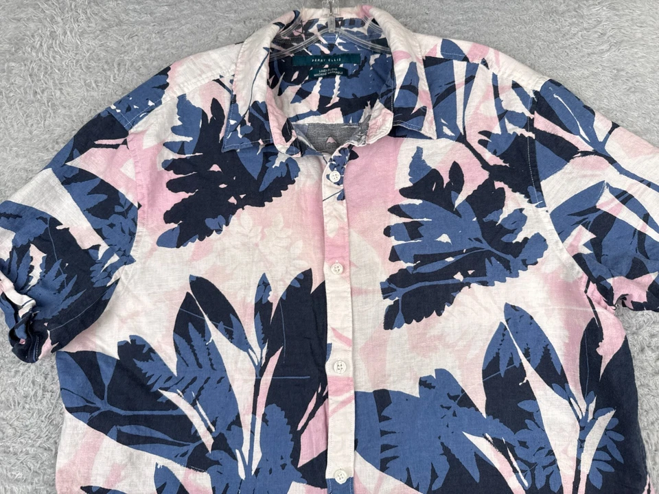 Perry Ellis Shirt Adult Large Pink Blue Floral Leaf Hawaiian Button Linen Blend - Image 4 of 4