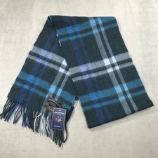 JAMES PRINGLE WEAVERS Scarf 100 Wool Ocean Blue Plaid Fringed 10x36 NEW