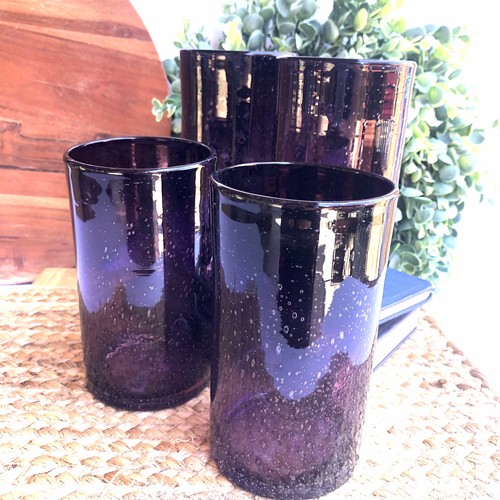 4 Purple/Amethyst Handmade Seeded Bubble Glass High Ball Tumblers 12oz - Picture 5 of 9