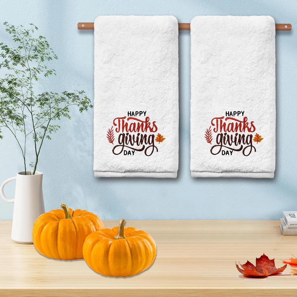 Juego de 2 toallas de mano de Acción de Gracias, decoración bordada de otoño, 100 % algodón Foto 4 de 4