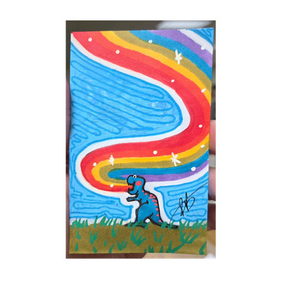 Original Hand-Drawn Dinosaur and Rainbow Cartoon Pop Art Drawing Signed 2026
