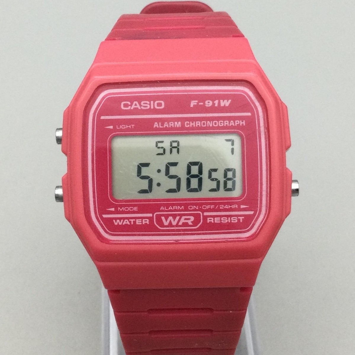 Casio Mens Watch 33mm Gray Digital Dial Pink Resin 583 F-91W Alarm