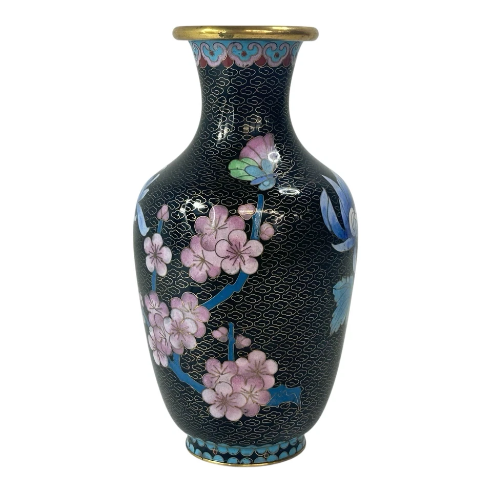 Jarrón antiguo chino de latón cloisonné esmalte negro rosa hojas azules loto Foto 3 de 4