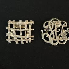 Vintage 2 Scarf Holder Orante Gold Tone Metal Monogram & Criss Cross Weave