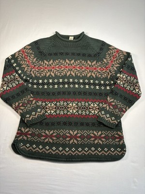 90s Eddie Bauer Sweater Women s Large Fair Isle Nordic 100% Cotton Green Vintage