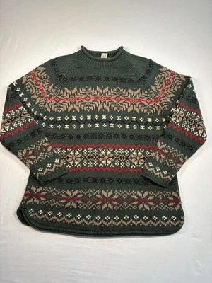 90s Eddie Bauer Sweater Women’s Large Fair Isle Nordic 100% Cotton Green Vintage - Image 1 of 4