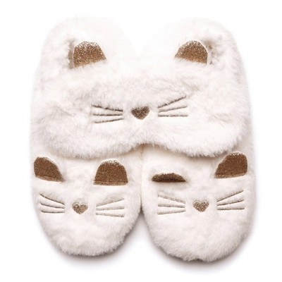 Damen/Teens Foxbury Creme Katze Kunstfell Slipper Socken & Schlafmaske Set
