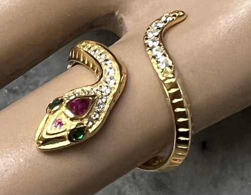 Genuine Ruby Diamond Emerald Coiled Snake Ring 14K Yellow Gold on solid 925 coil - Picture 7 of 16