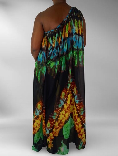 Handmade Multicolor Sheer Chiffon Asymmetrical One Shouder Maxi Kaftan Dress - Picture 3 of 4