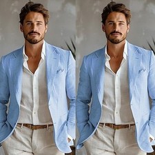Blue Linen Men's Suits Formal Wedding Business Summer Beach Casual Fit 2 Pieces