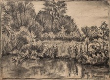 Attributed to Rudolf Hermanns river landscape unique coal drawing late 19th century