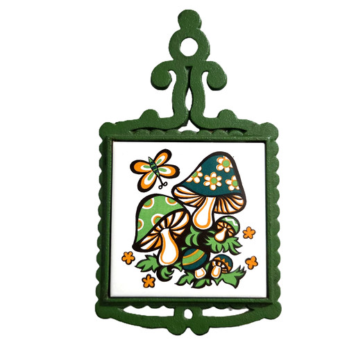Vintage Japan Cast Iron Ceramic Tile Trivet Mushroom Wall Plaque Psychedelic Mod