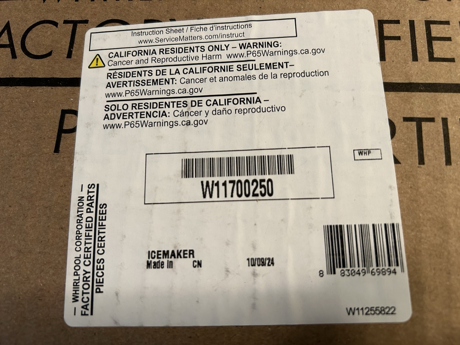 Whirlpool OEM Refrigerator Ice Maker W11700250 Replacement Part