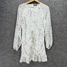 SheIn Dress Women S Small White Star Print Shift Short Zipper Long Sleeve Rayon