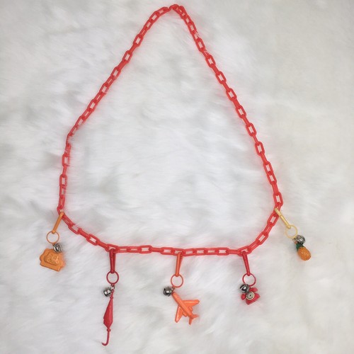 Vintage 80s Red Plastic Clip Lion Pineapple Plane Bell Charms Necklace Pendant - Picture 2 of 9