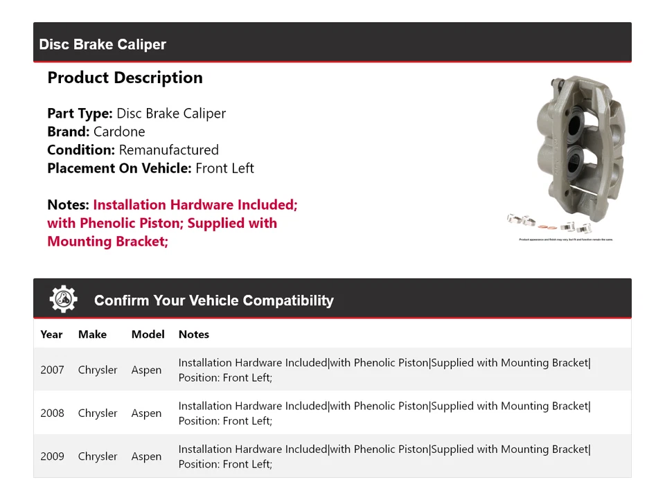 Pinza de freno de disco delantera izquierda Cardone 2008 para Chrysler Aspen 2007-2009 Foto 2 de 4