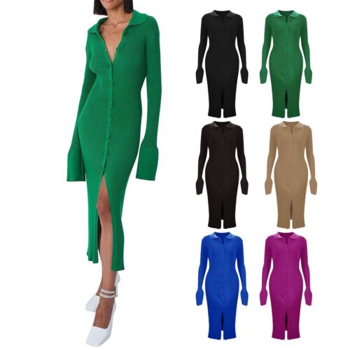 Women Sweater Dress Long Sleeve Button V Neck Casual Slim Fit Midi Bodycon Dress