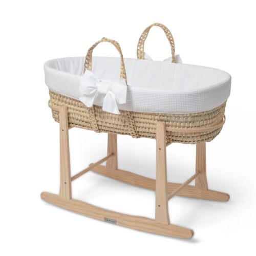 Clair de lune Chelsea palm Moses basket White with bow and Natural Rocking Stand