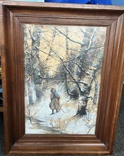 Original Watercolor Nineteenth Century J. Demoling Girl in Woods Signed Framed