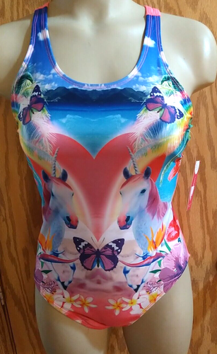 Xhilaration Girl Pink Unicorn Butterfly Swimsuit SZ XL NEW TAG heart SZ 14/16 - Picture 2 of 16