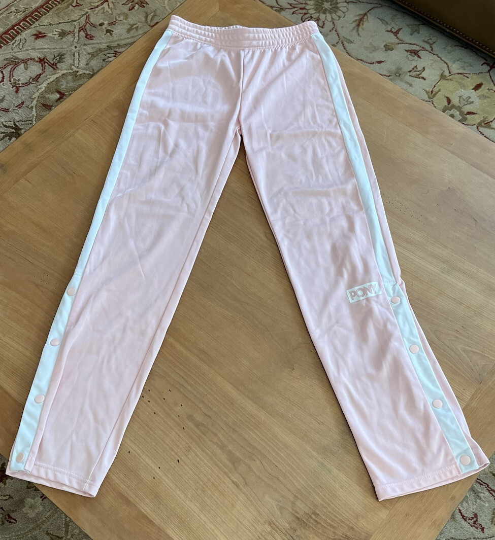 PONY Pantaloni da atletica per ragazze taglia Large 14 16 rosa bianchi a righe lati a scatto ottimi