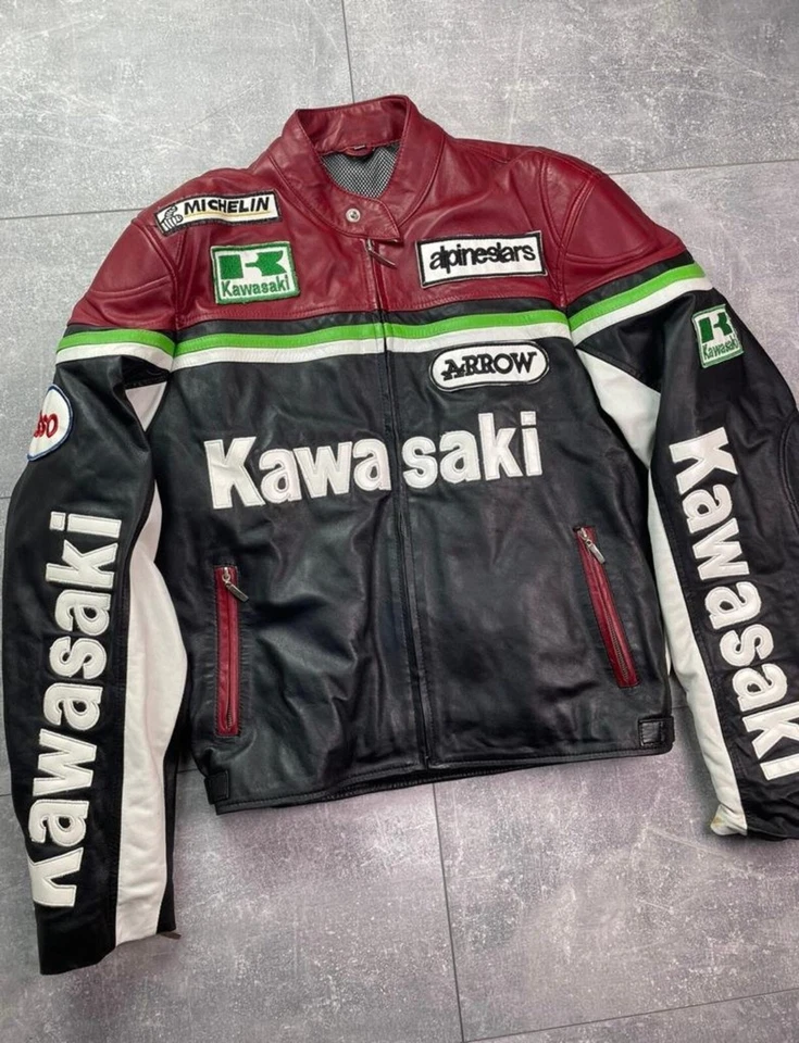 Chaqueta de cuero de vaca genuina Kawasaki para hombre equipo de carreras de motocicletas Foto 3 de 4