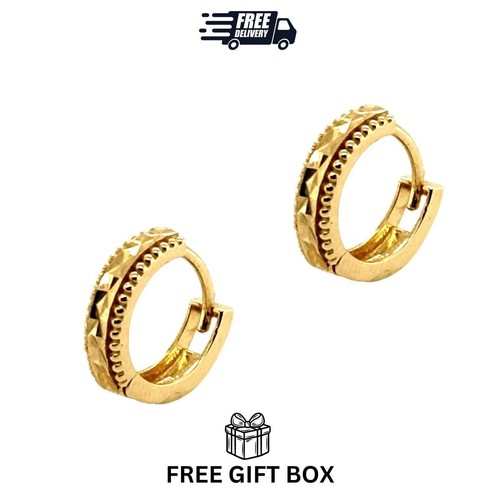 14k Yellow and White Gold Diamond Cut Huggie Hoop Earrings - Picture 2 of 11