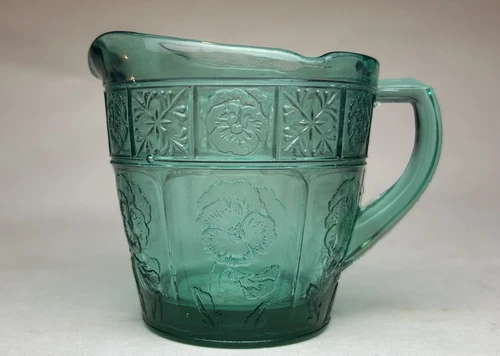 Vintage Jeannette Glass Teal Doric and Pansy Pretty Polly Child Creamer