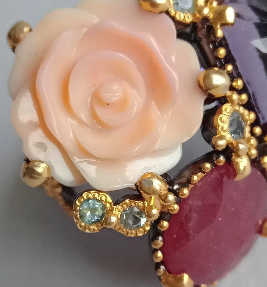 ANELLO ARG.ST. 925 BRUNITO: RUBINO MASSIVO, AMETISTA E CONCHIGLIA ROSA NATURALI - Immagine 3 di 4