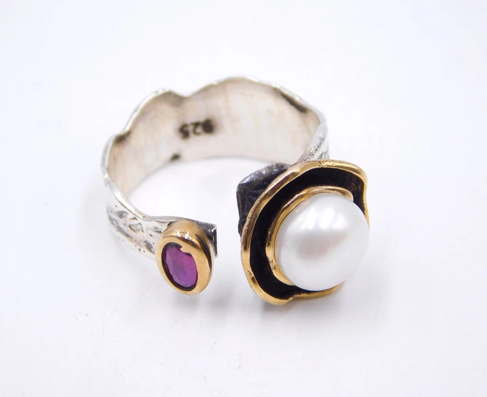 Anillo de dos tonos de plata esterlina 925 de 5,6 Gm con cabina de perlas naturales tamaño 6,7" EE. UU. Foto 4 de 4