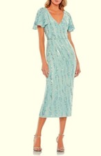 Mac Duggal Powder Blue Beaded Sequin V-Neck Flutter Sleeve Dress Size 16 $498