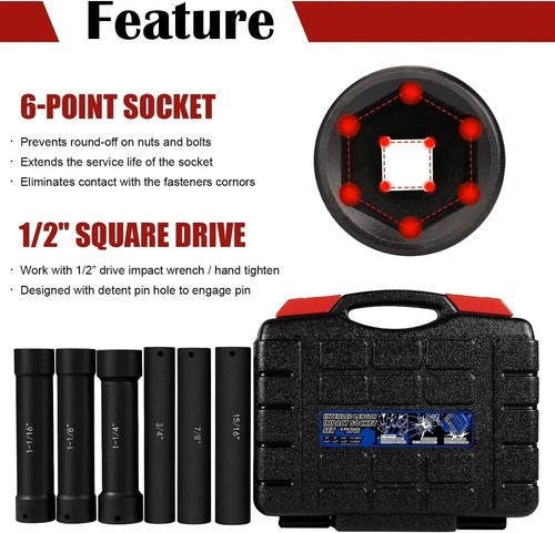 1/2" Drive Heavy Duty Extended Length Extra-Deep Length Impact Socket Set - Picture 3 of 14