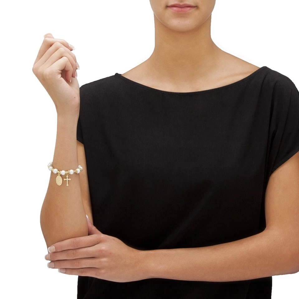 Round Simulated Pearl and Beaded Religious Stretch Bracelet in Goldtone 7" - Image 3 of 4