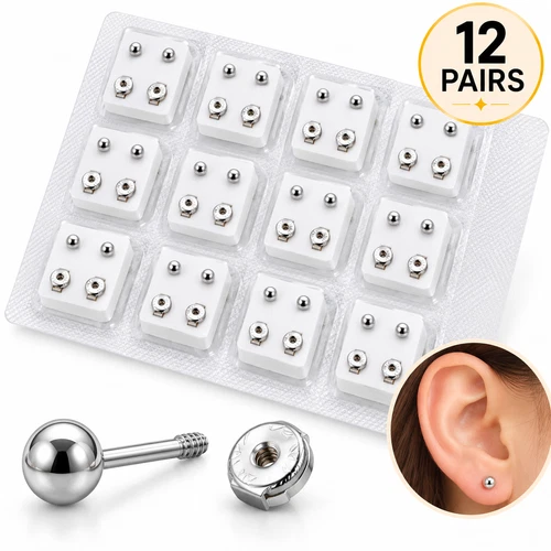 12 Pairs Stud Earrings Sealed Sterile Packs Secure Screw-Back Hypoallergenic - product listing photo