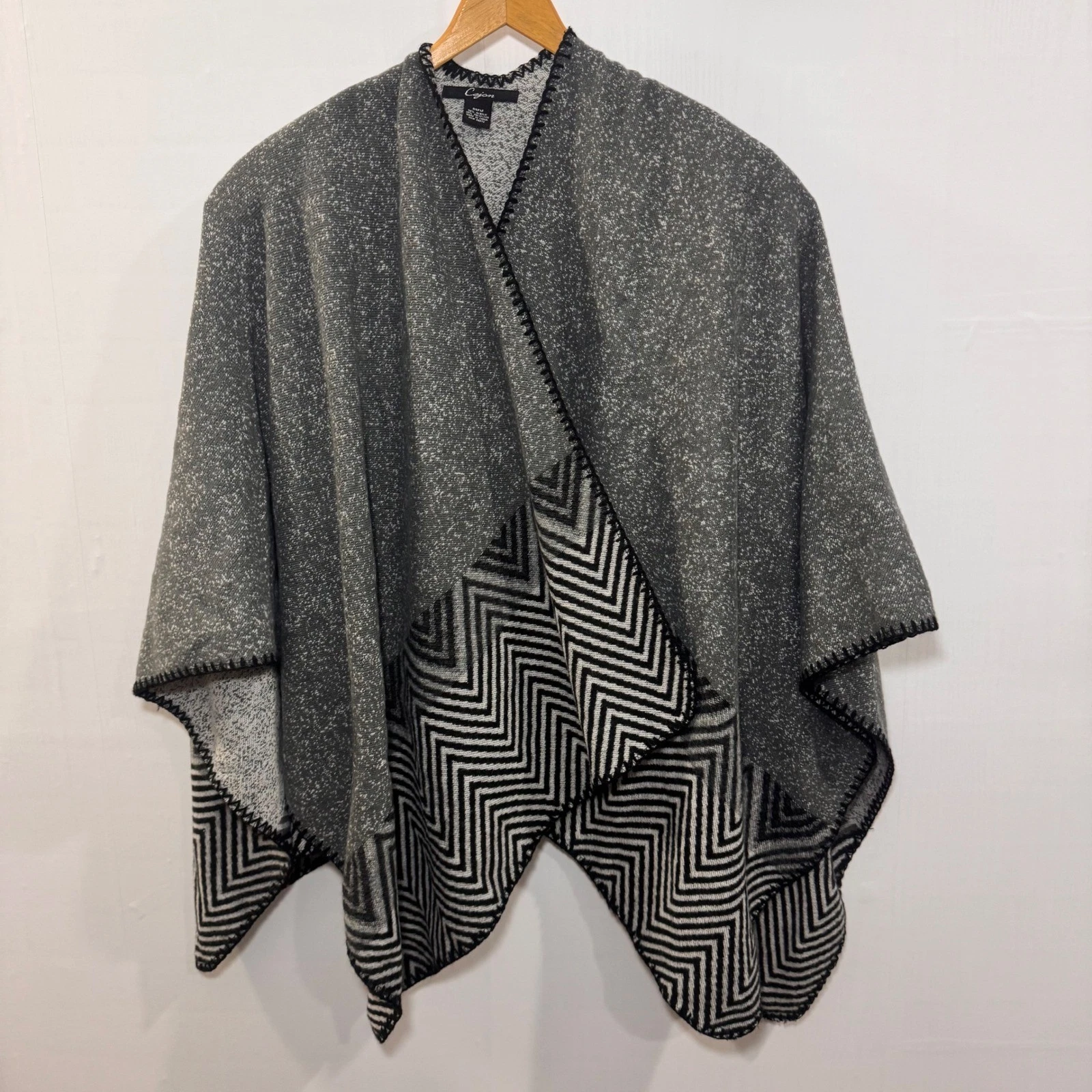 Cejon Gray Poncho Open Front Cardigan Draped Black Chevron Fringe Trim Size OS