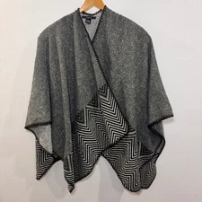 Cejon Gray Poncho Open Front Cardigan Draped Black Chevron Fringe Trim Size OS