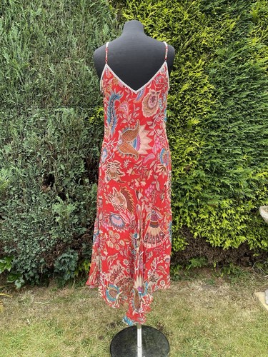 Malvin Soft Red Silk Asymmetric Hem Long Summer Dress Beaded Rhinestones 40 UK12 - Picture 3 of 14