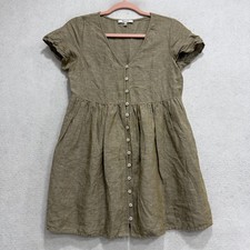 Madewell Dress Womens P2XS Green Linen Button Front Short Sleeve Fit Flare