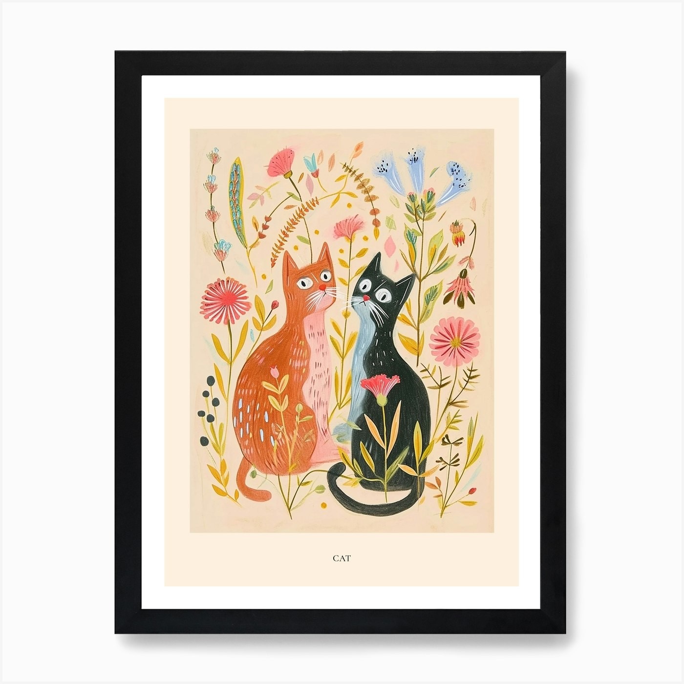 Folksy Floral Animal Drawing Cat 8  Framed Wall Art Poster Canvas Print Picture