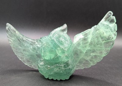 Hand Carved Fluorite Owl Green Wide Wing Span 5.75''